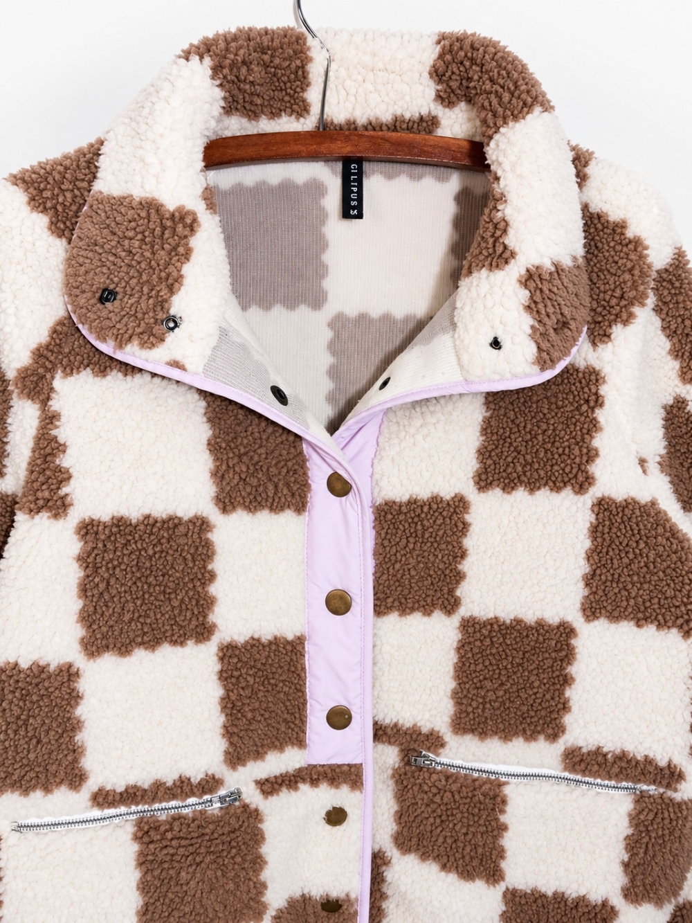 Gilipur Women’s Brown Cream Checkered Sherpa Fleece Jacket Teddy Coat Y2K - Picture 3 of 7